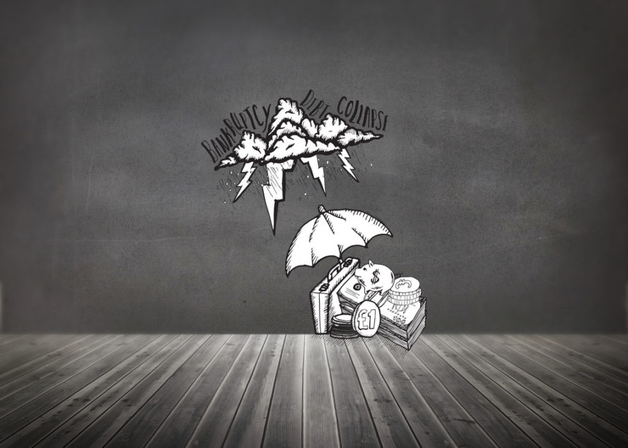 Umbrella protecting money from debt storm against grey room