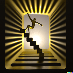 an abstract person performing an impossible gymnastyic movement up a futuristic stairway out of darkness and into the golden light