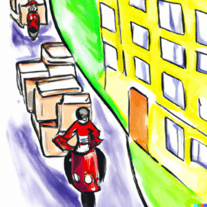a delivery motor cycle piled high with parcels speeding down a city street